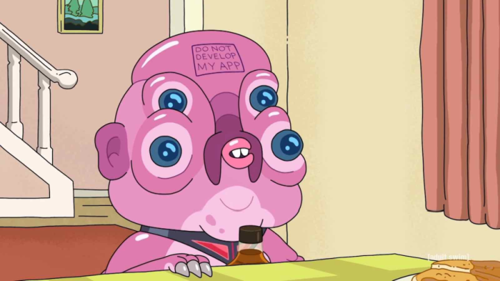 A screen grab from Rick and Morty. The character named Glootie has a tattoo on his forehead which reads “Do not develop my app”